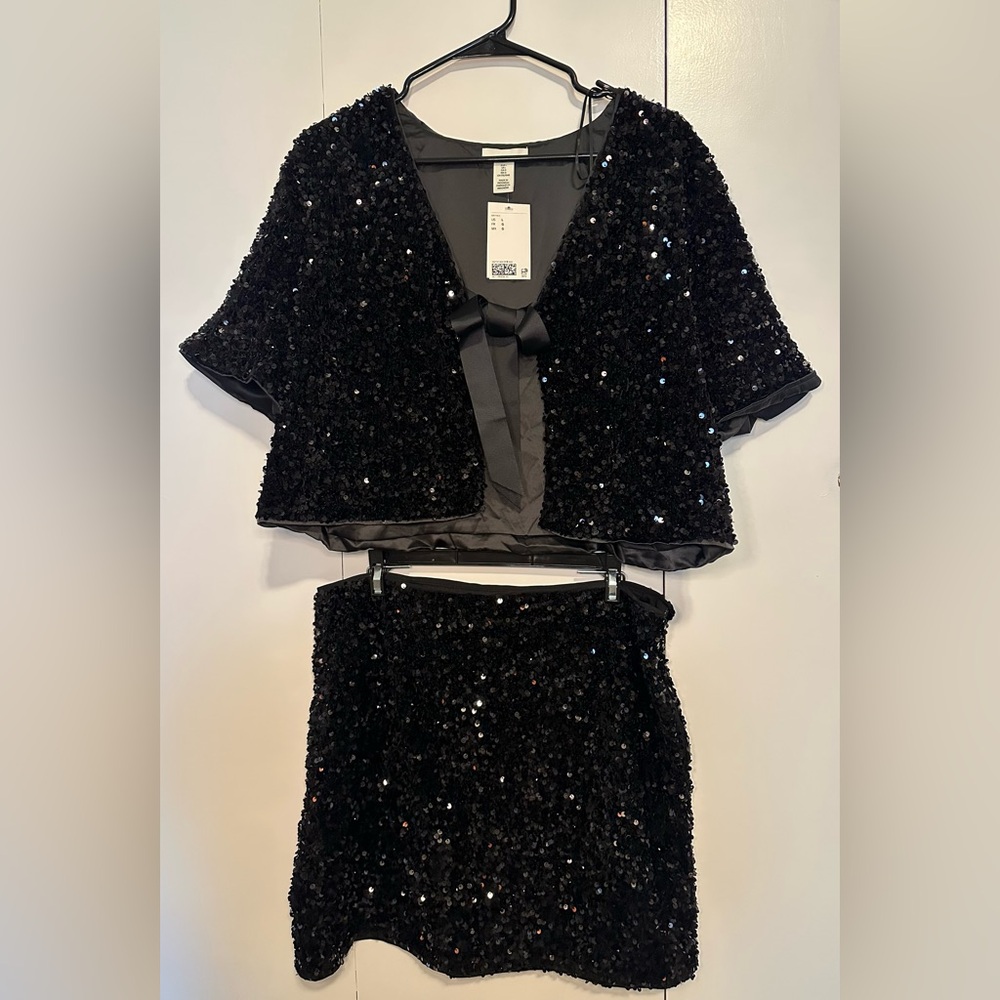 H&M Black Sequin Cape & Matching Skirt Set